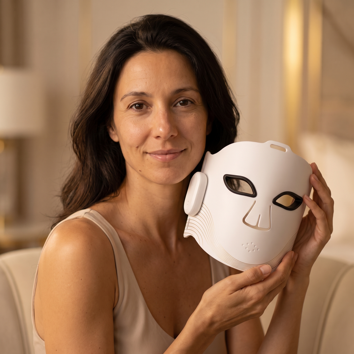 Woman holding the LUMÈRE Face mask